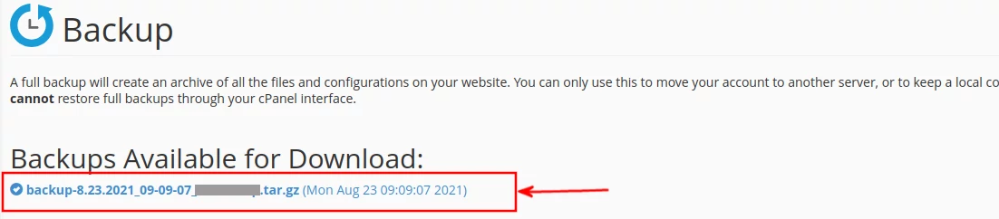 Archived site backup in cpanel