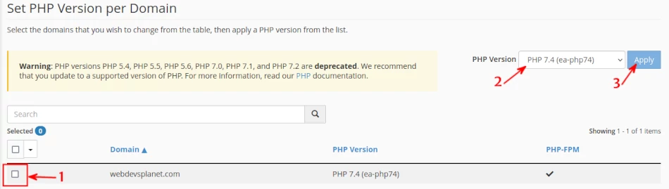 Changing PHP version in cPanel unsing MultiPHP manager