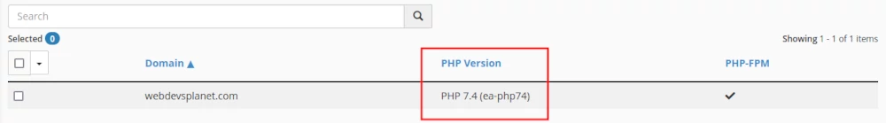 Checking PHP version with MultiPHP manager in cPanel