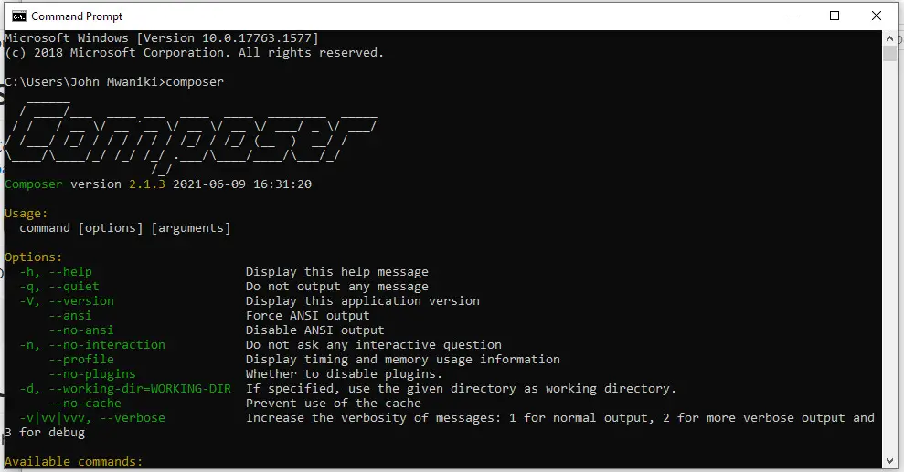 Using php composer on windows command prompt