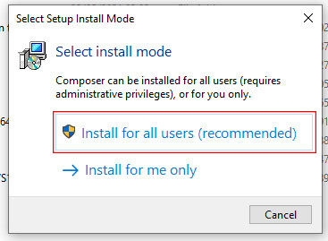 Selecting PHP composer installation mode on windows
