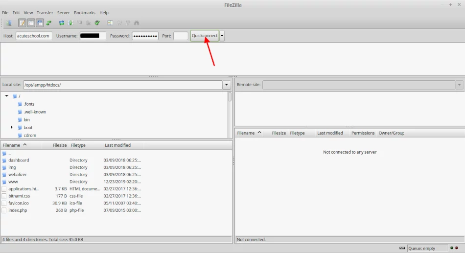 Connecting filezilla to remote server