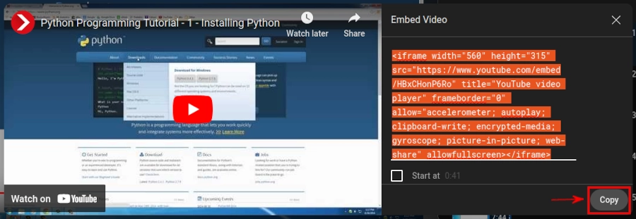 Copying Youtube video embed code