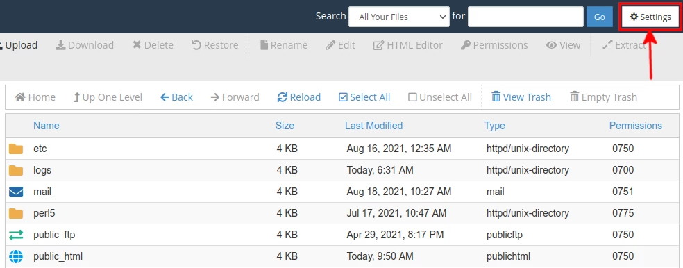 cPanel file manager settings