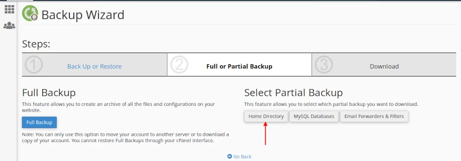 cPanel home directory backup