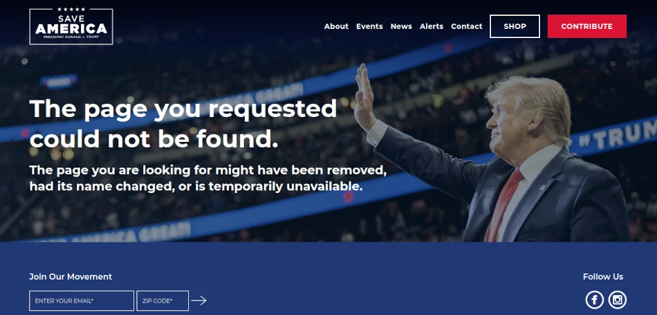 Donald Trump's website 404 error page