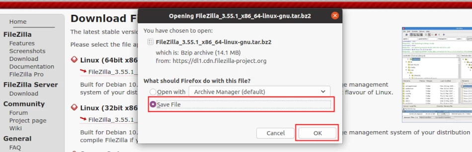 Downloading the FileZilla archive file