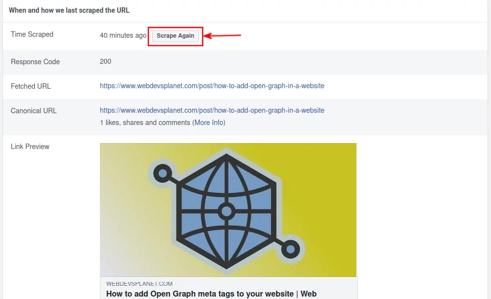 Facebook Sharing Debugger scrape again