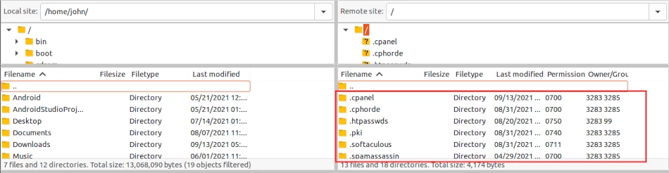 Hidden files shown in FileZilla