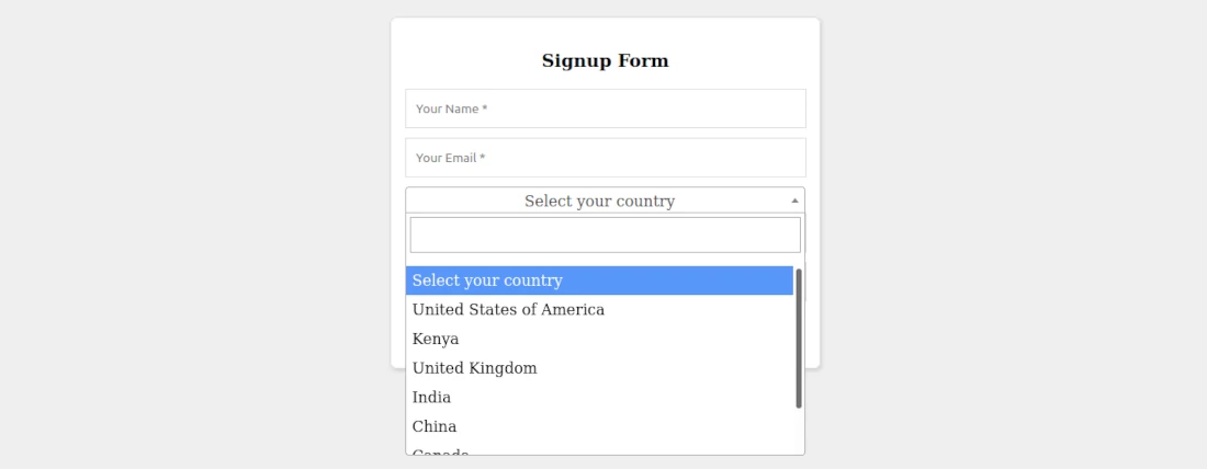 HTML form with dropdown select options and a searchbox