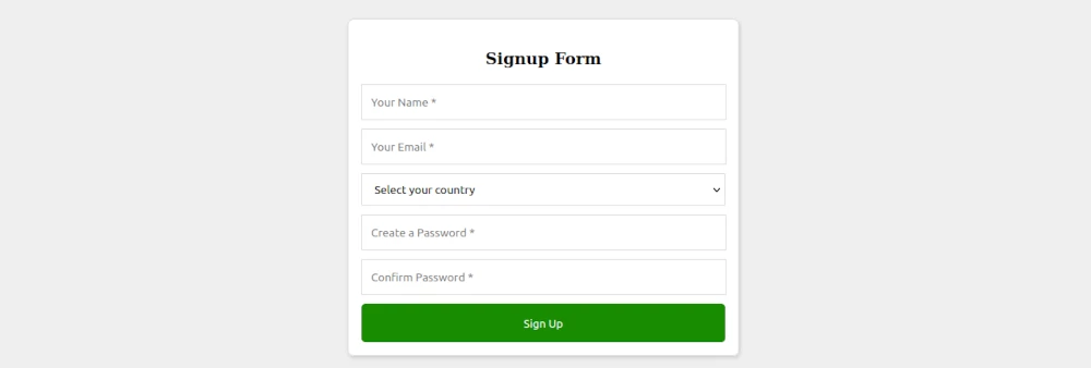 Sample HTML signup form with dropdown countries select