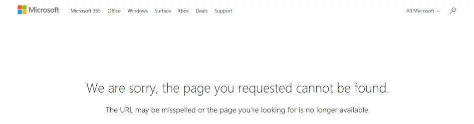 Microsoft website 404 error page