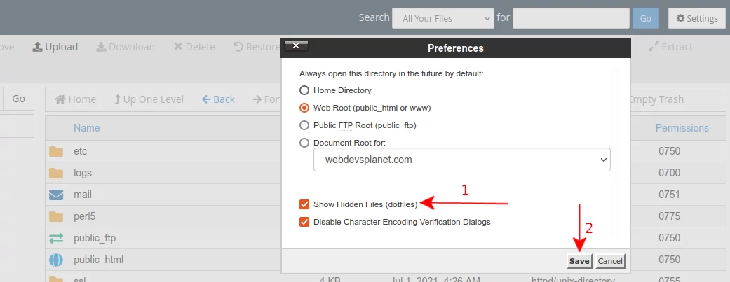 Showing hidden files in cPanel file manager