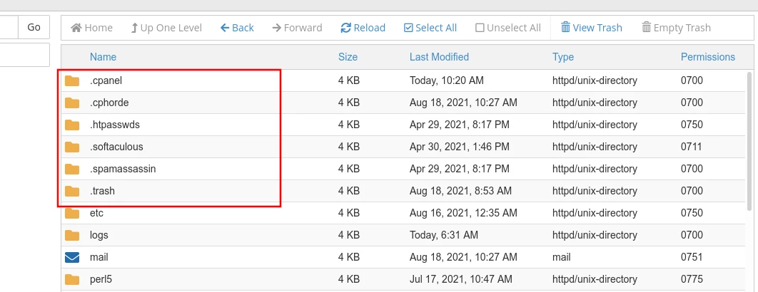 Showing previously hidden files in cPanel file manager