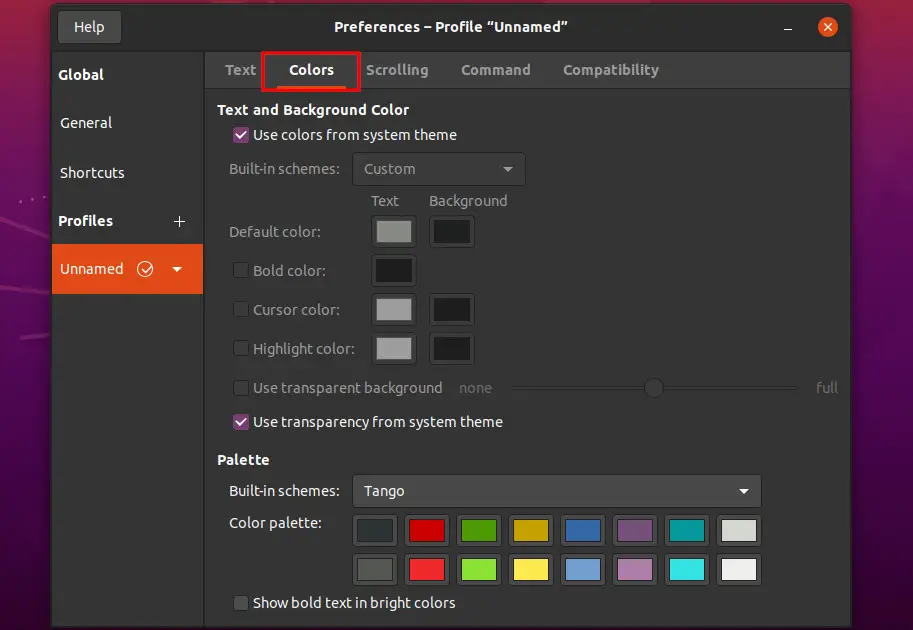 Ubuntu terminal preferences unnamed window settings