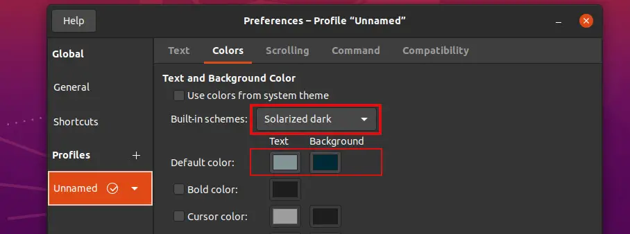 Setting custom font and background colors for ubuntu terminal