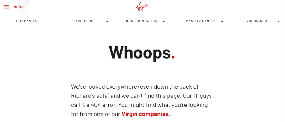 Virgin Group website 404 error page